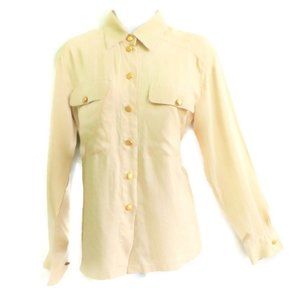 SiLK Escada Blouse Embossed Gold Button Up Cream Long Sleeve 14 M